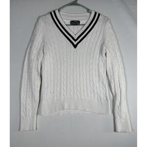 VTG Lauren Ralph Lauren Cricket Sweater Large White Cable Knit V-Neck 90s Tennis